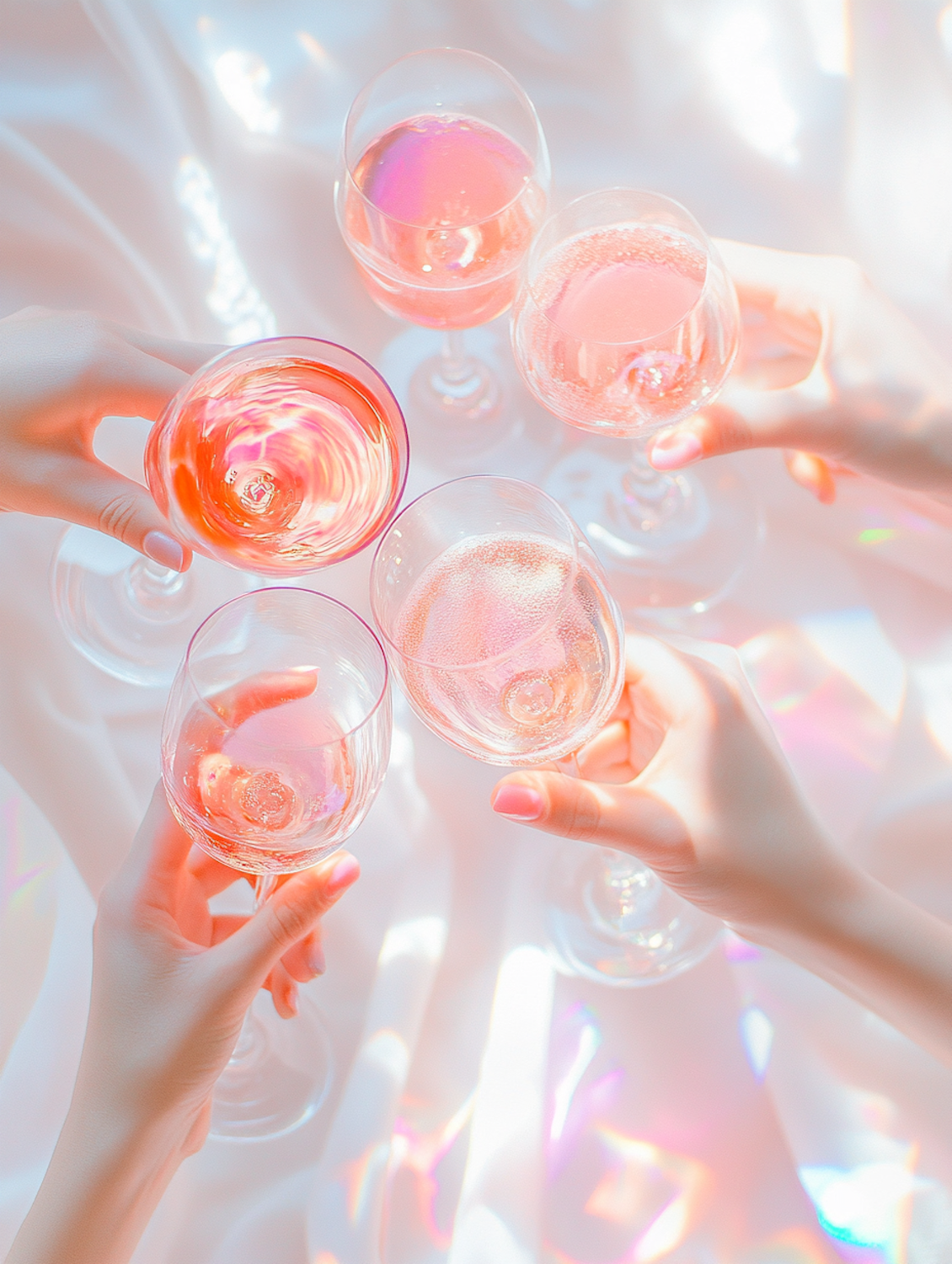 Five hands raising glasses together in a toast.